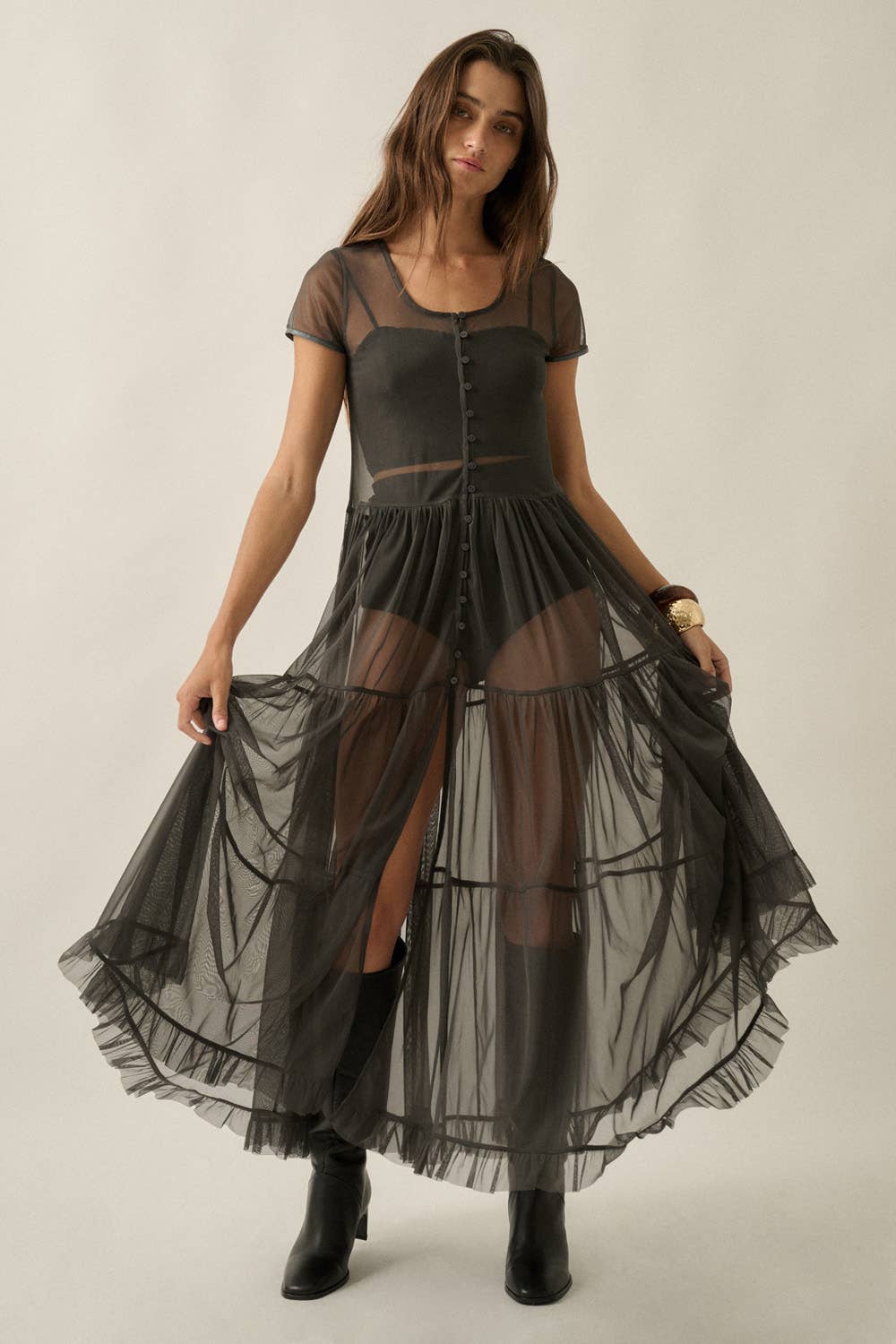 Mesh Short-Sleeve Button-Front Maxi Top