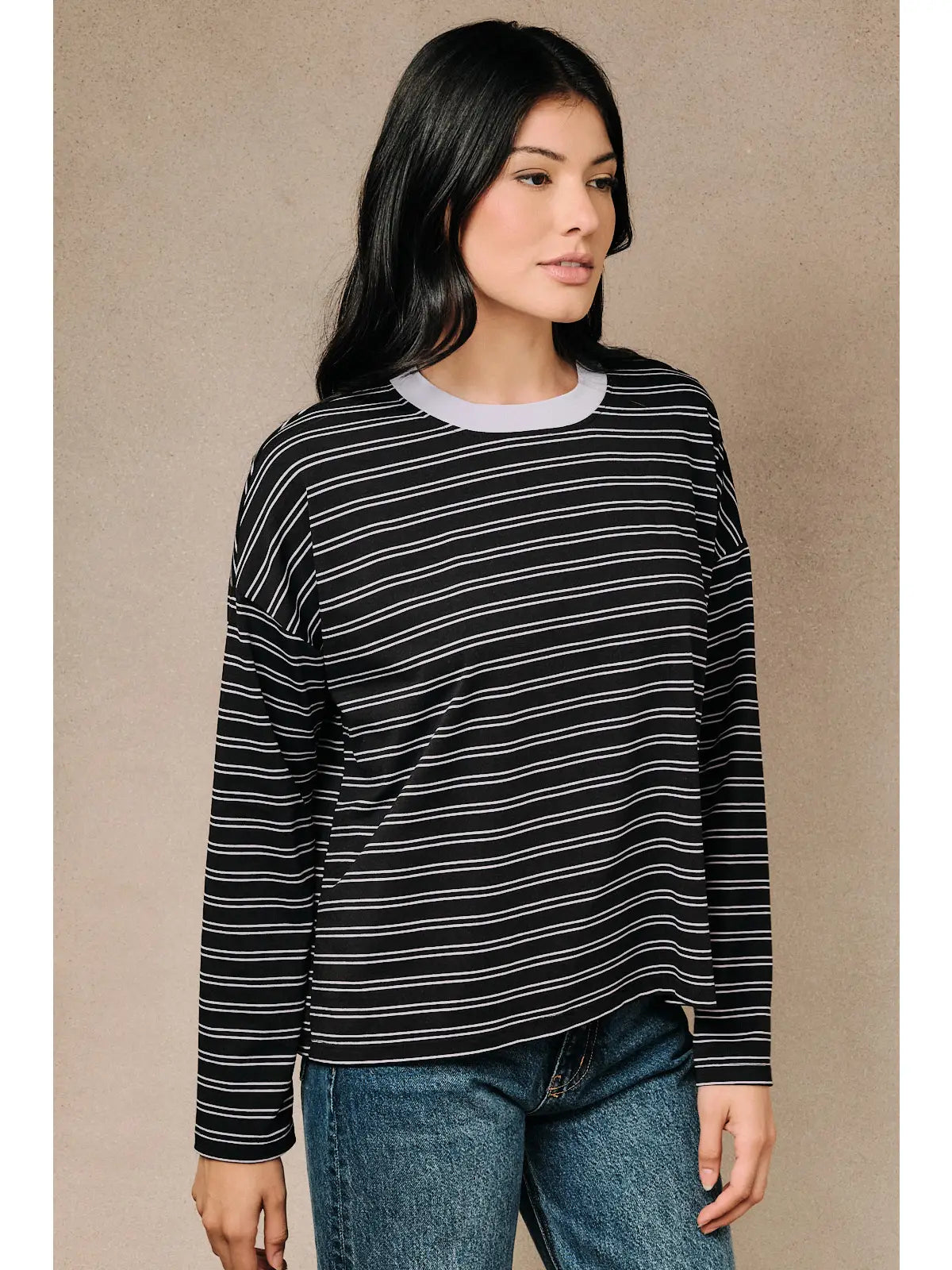 Striped Contrast Collar Drop Shoulder Oversized Top