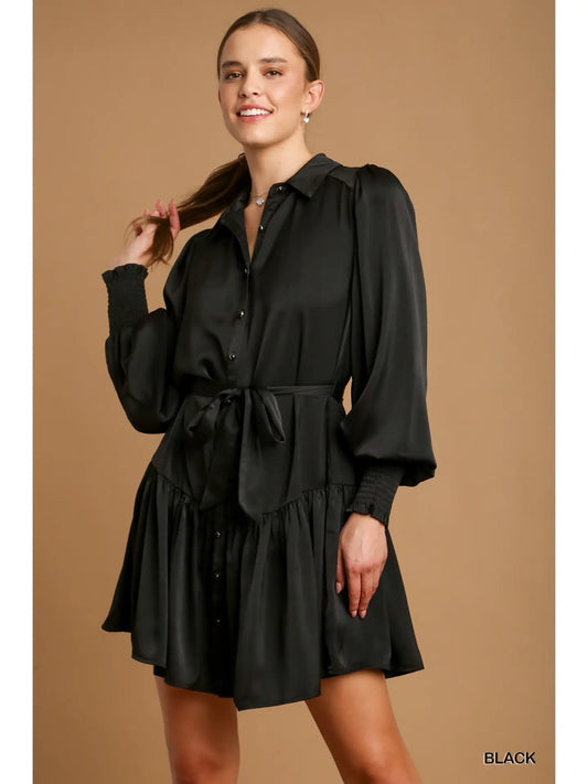 Satin Button Down Front Tie Dress