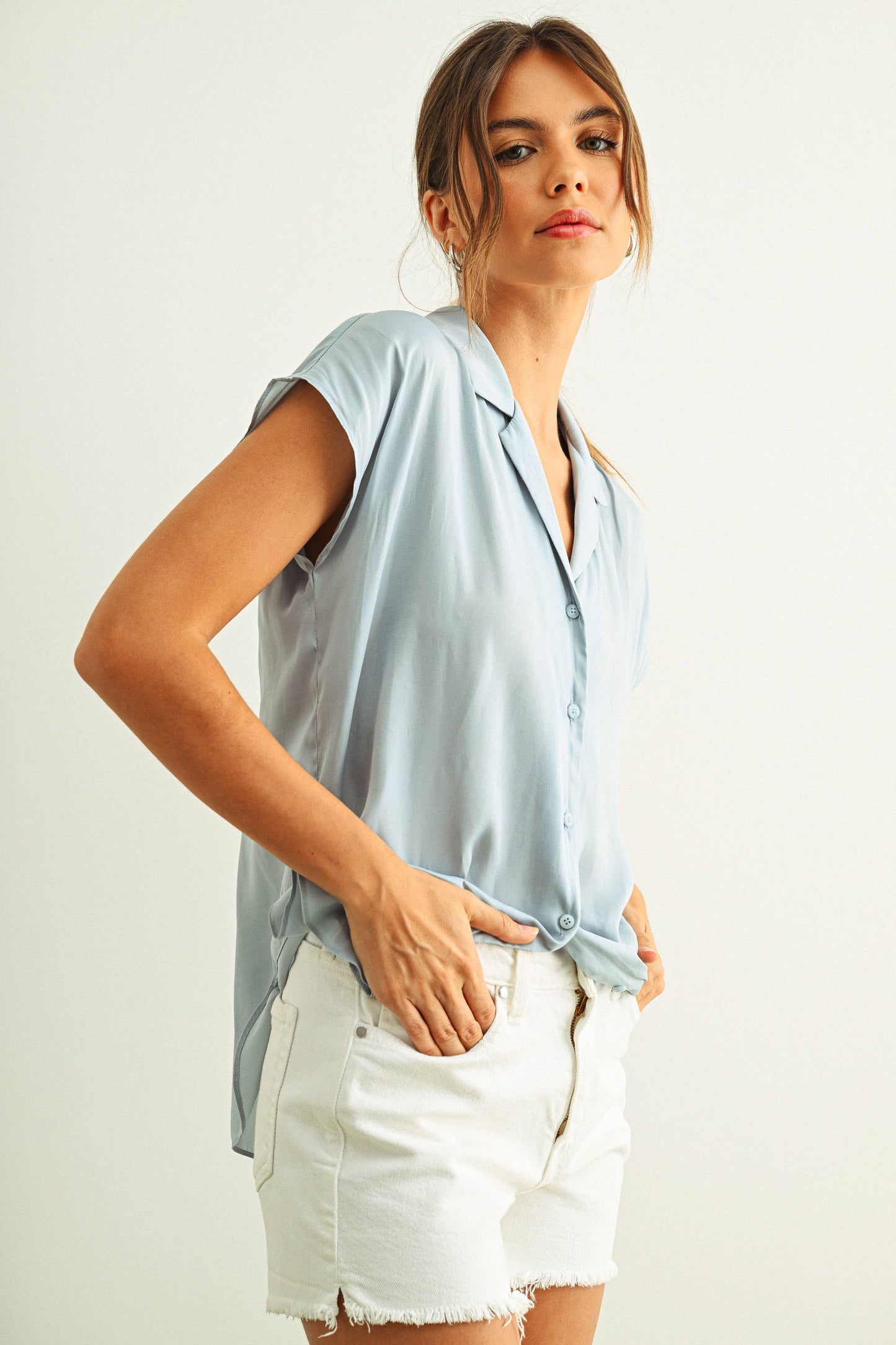 Button Down Cap Sleeve Shirt