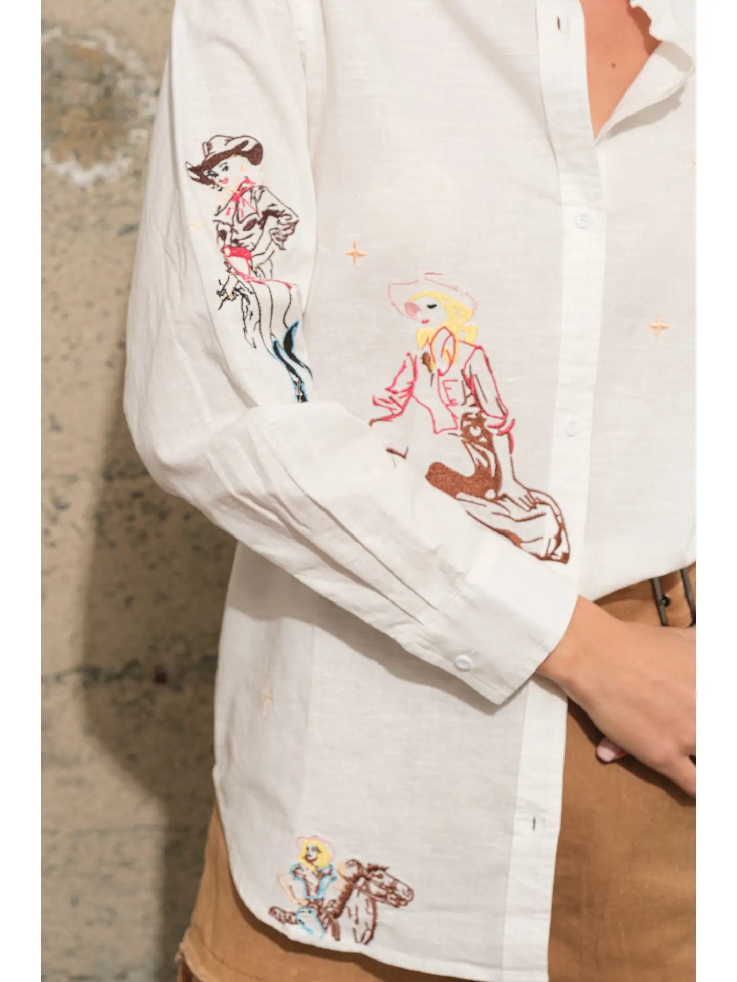 Embroidered Western Cowgirl Button Up Linen Shirt