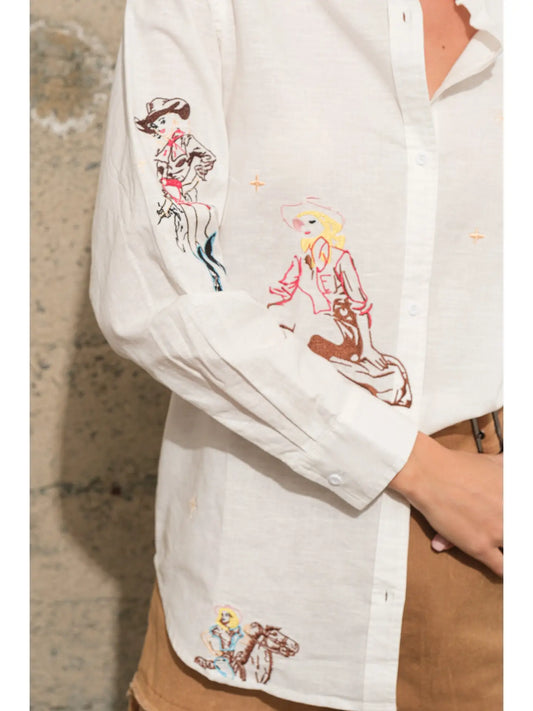 Embroidered Western Cowgirl Button Up Linen Shirt