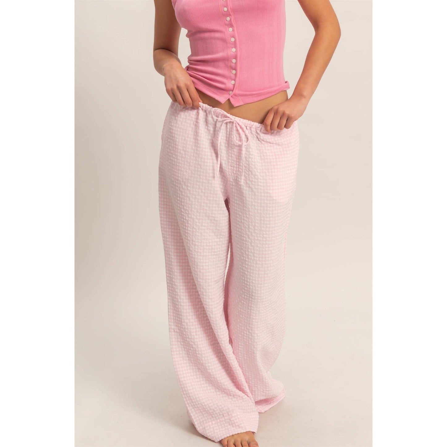 Gingham Drawstring Wide-Leg Pants