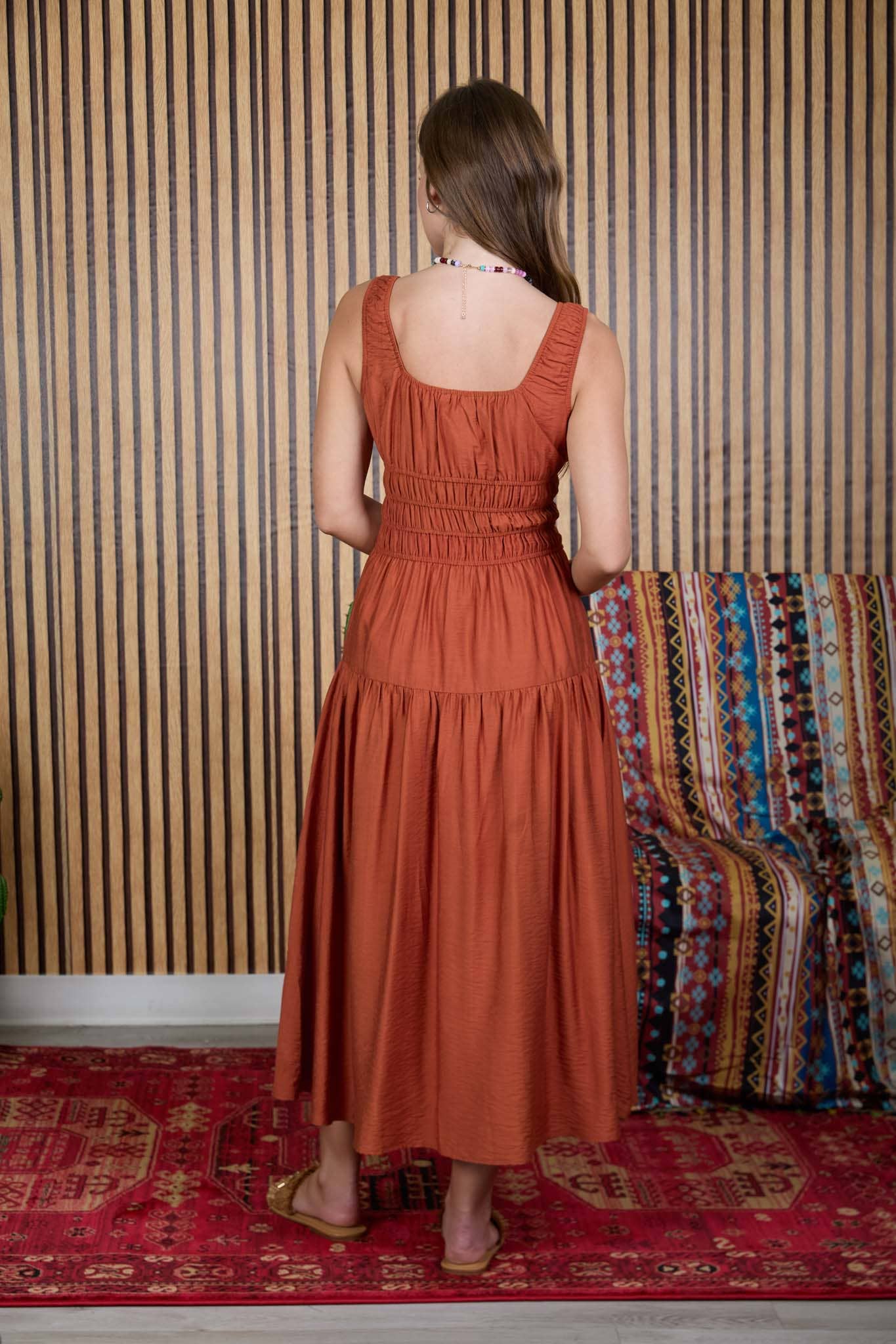 Front Tie Shirred Waist Midi Dress