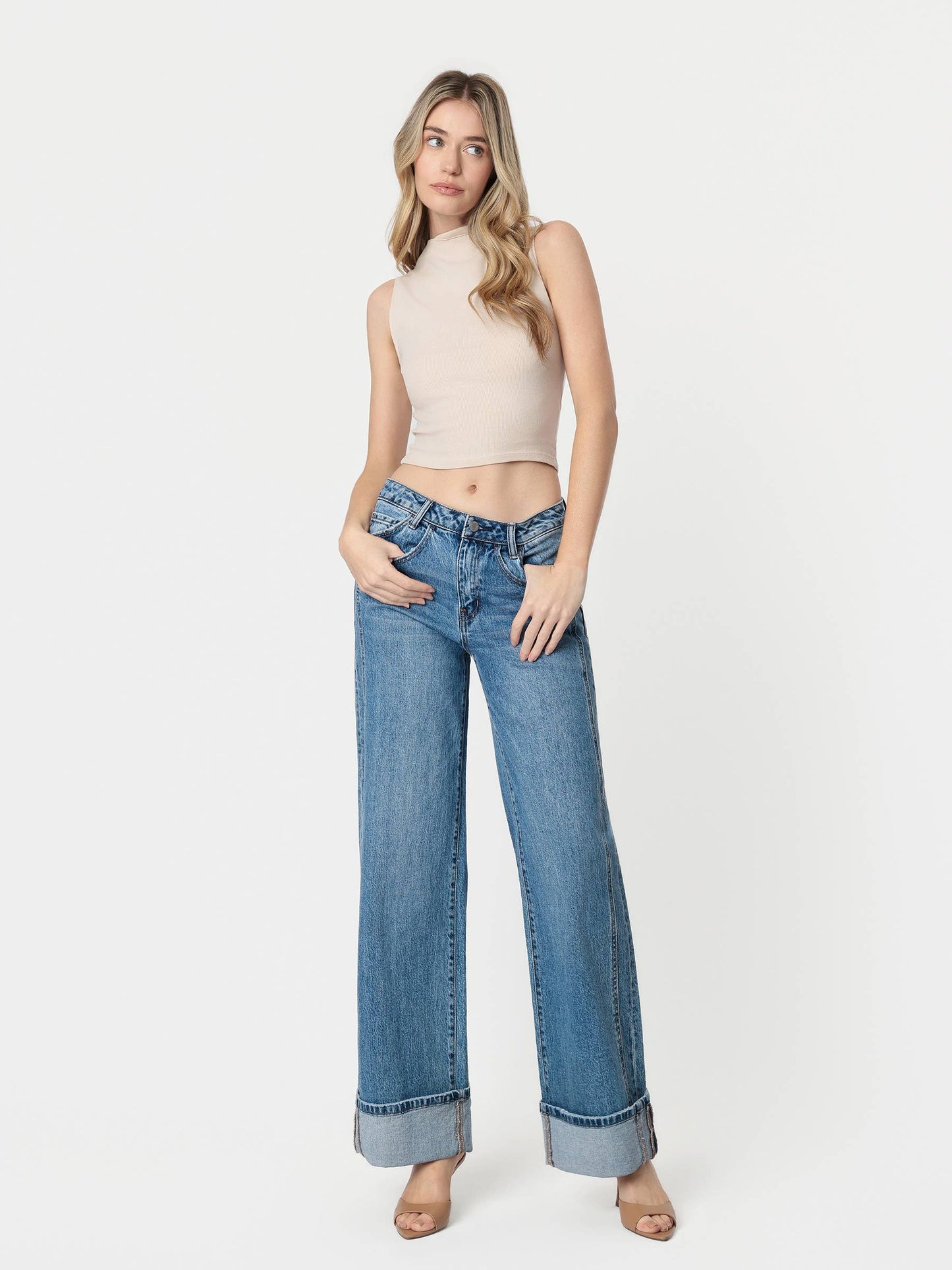 High Rise Cuffed Panel Baggy Wide Jeans