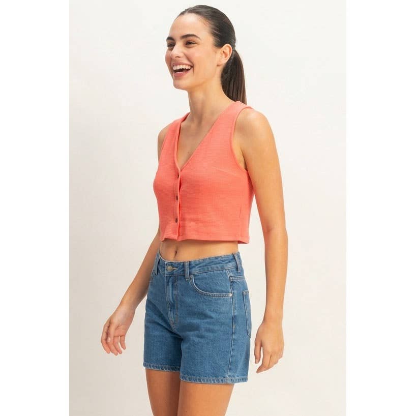 Waffle Knit Button Down Sleeveless Vest