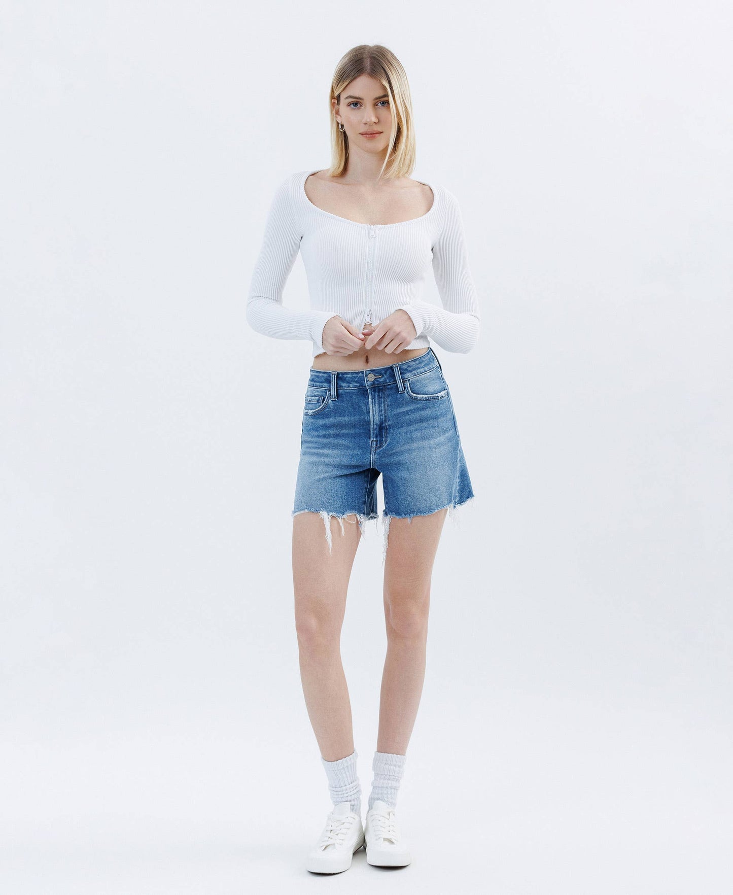 High Rise Raw Hem Boyfriend Shorts