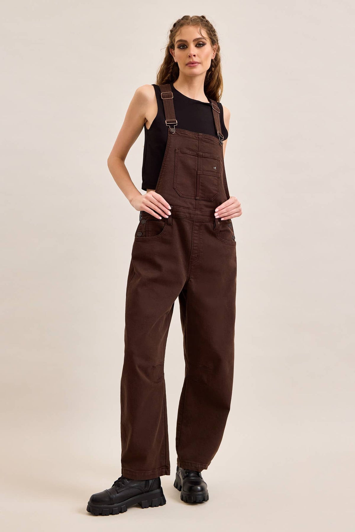 Barrel Fit Brown Overalls