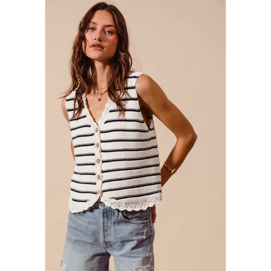 Buttoned Stripe Texture Knitted Sweater Vest Top