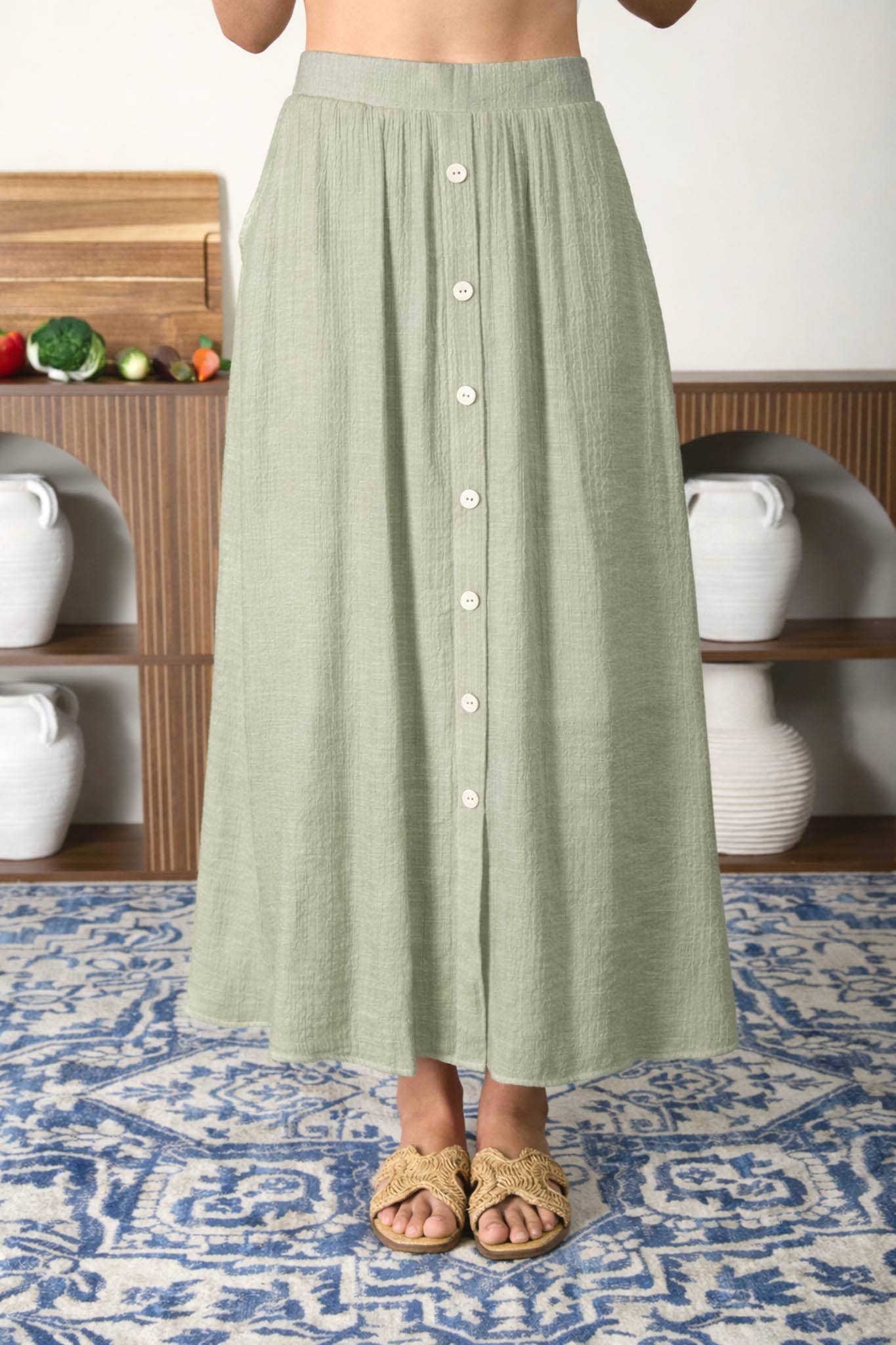 Textured Front Button Detail Midi Skirt