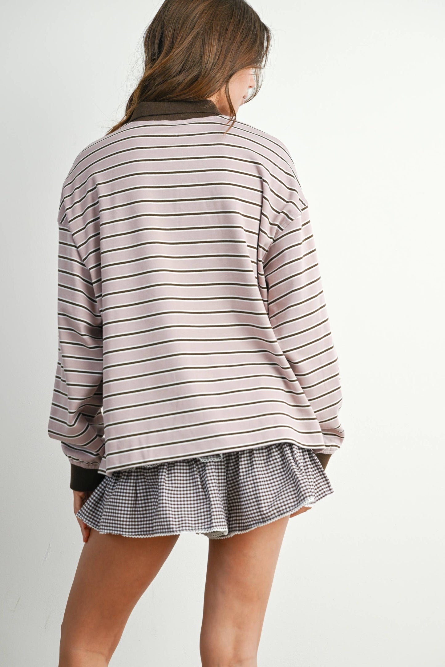 Quarter-Button Striped Collared Long Sleeve Top