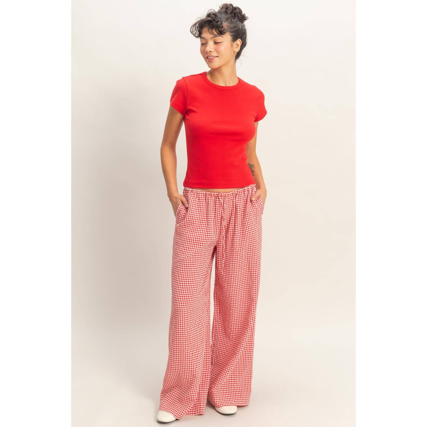 Gingham Drawstring Wide-Leg Pants