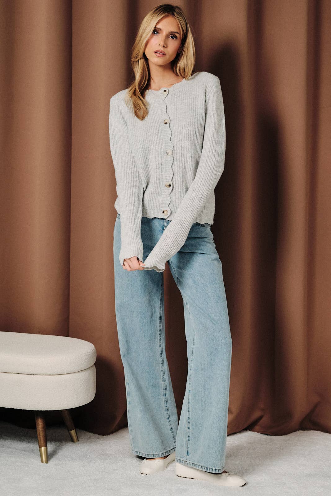Scallop Trim Ribbed Crew Neck Button Front Cardigan