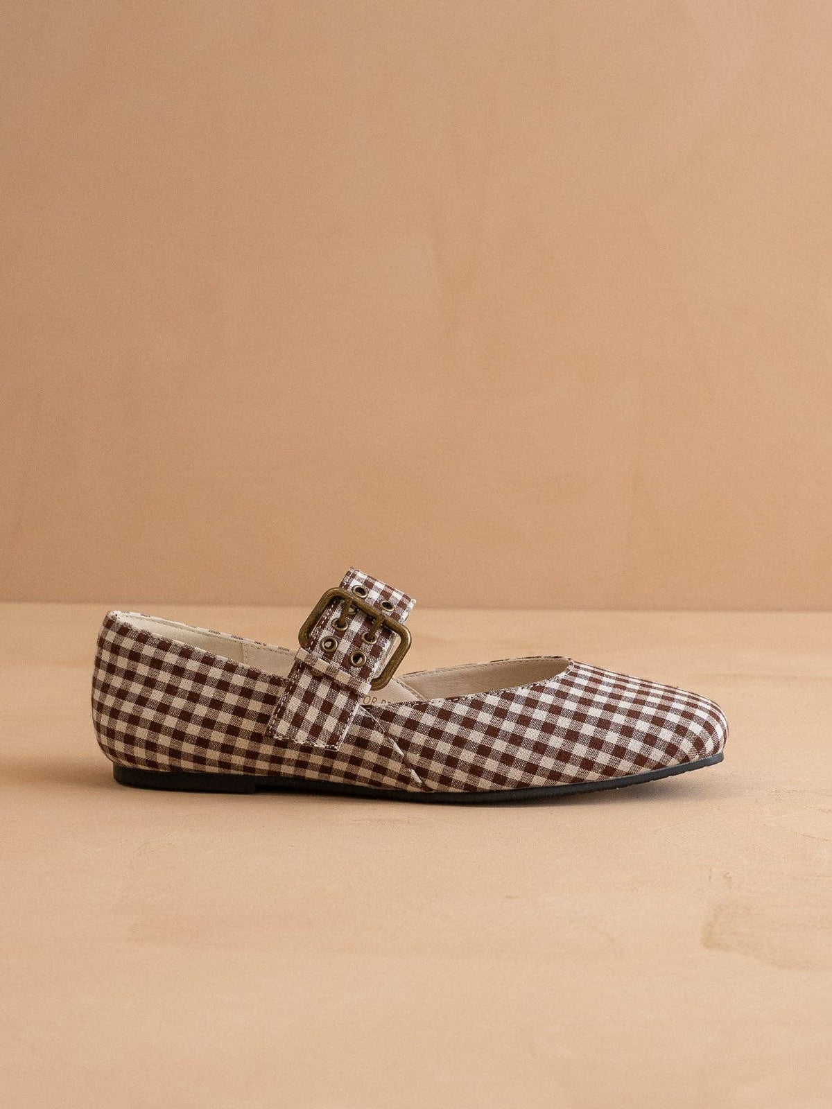 Coffee Gingham Ballet Flats Buckle