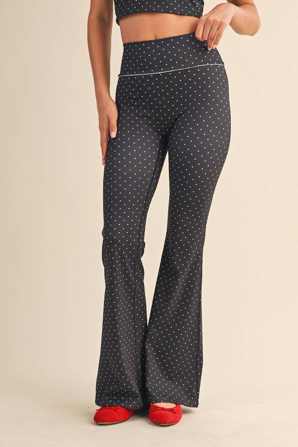 Polka Dot Print High Waist Flare Pants with Lace Trim