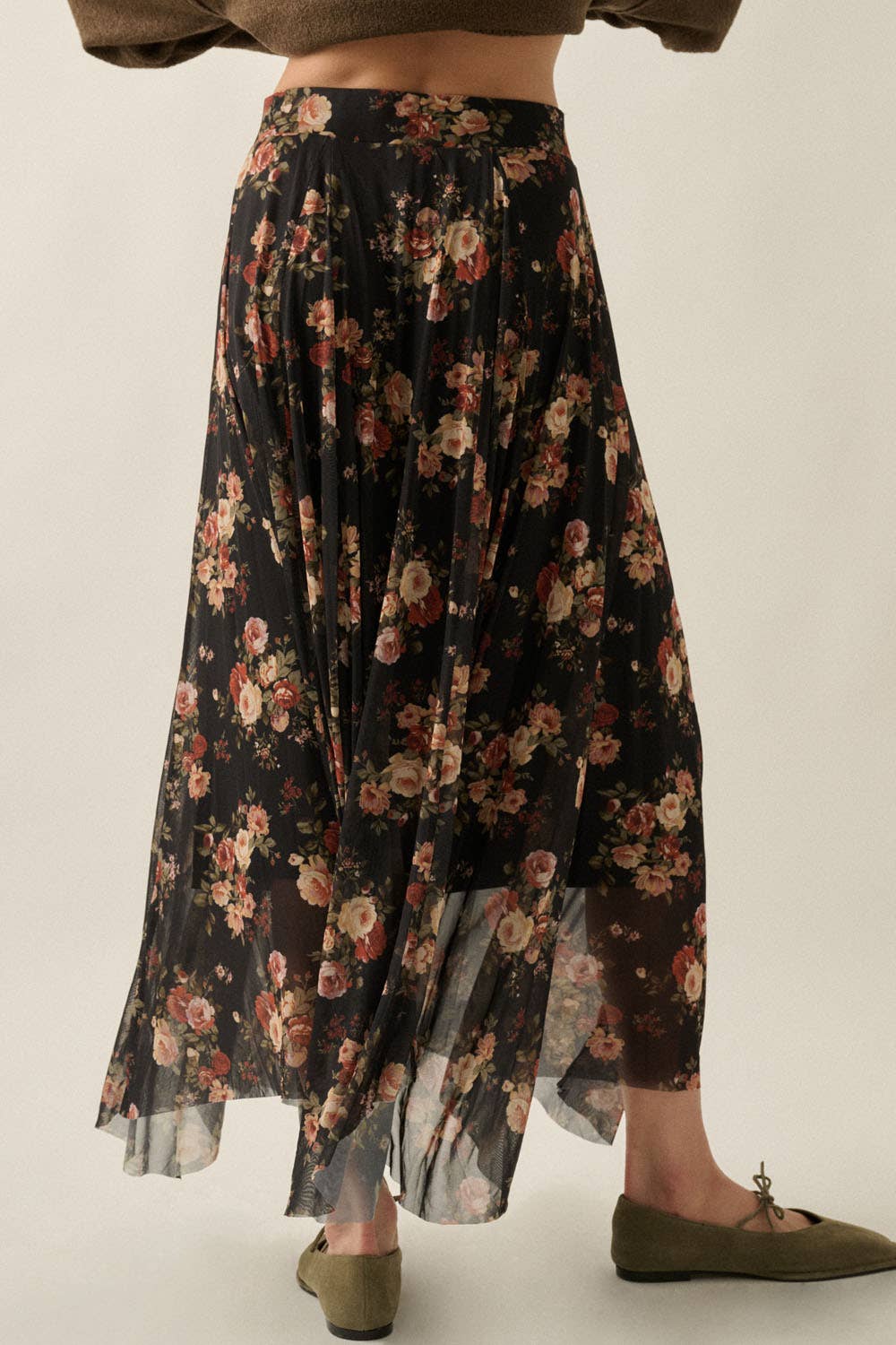 Floral Mesh Drawstring Maxi Skirt