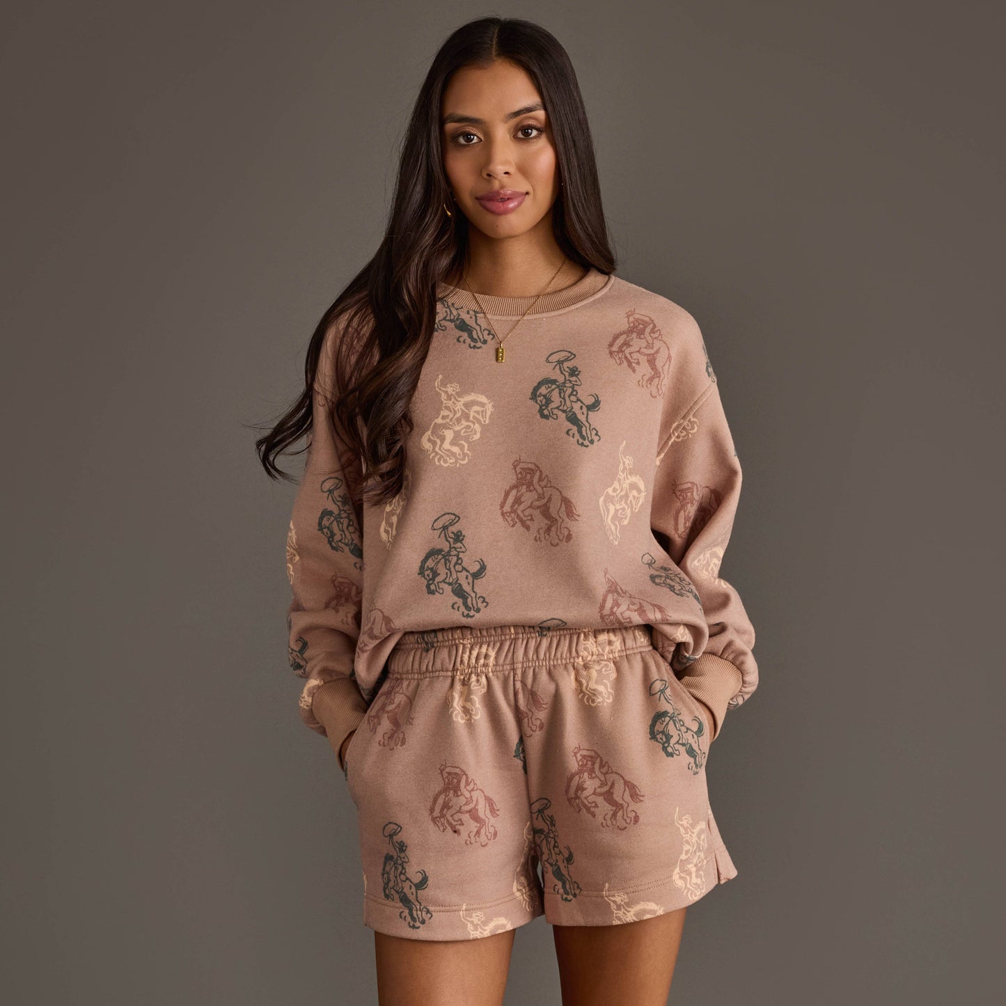Brown Western Print Sweatshirt