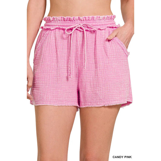 Gauze Frayed Hem Drawstring Shorts