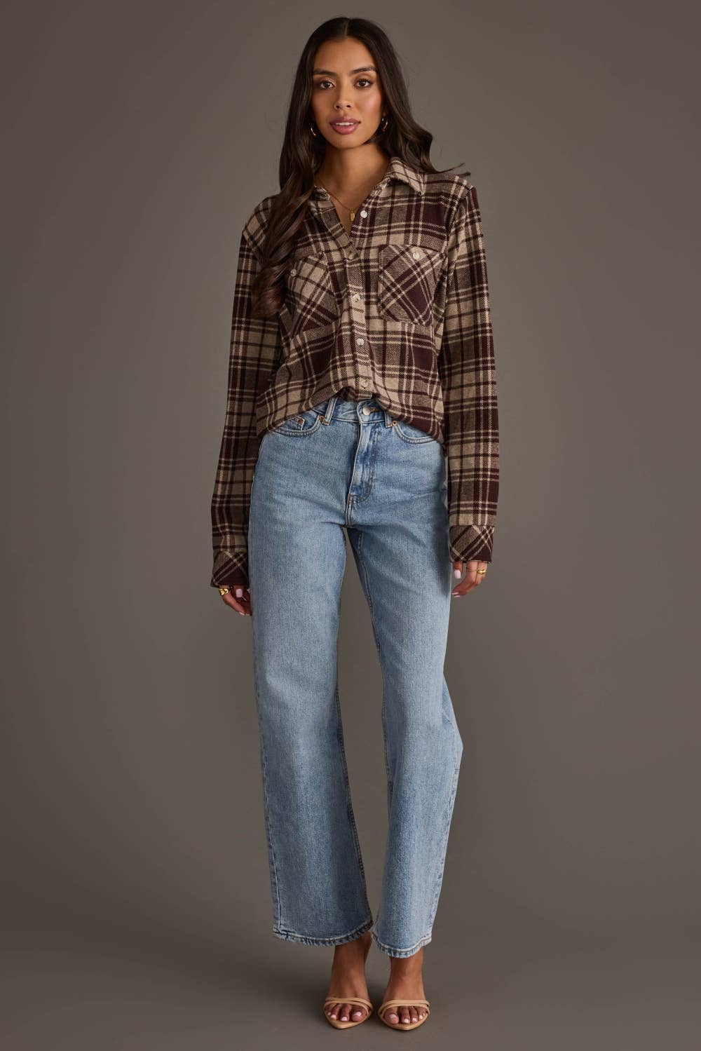Chocolate Brown & Tan Plaid Button Up
