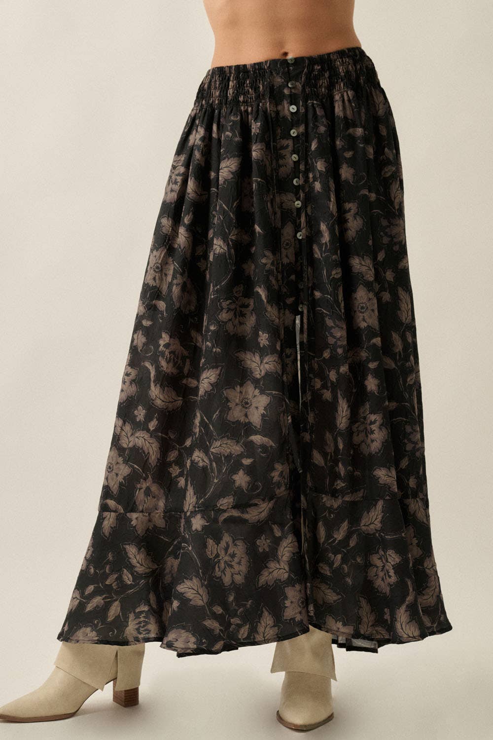 Floral-Print Button-Front Ruffle Maxi Skirt