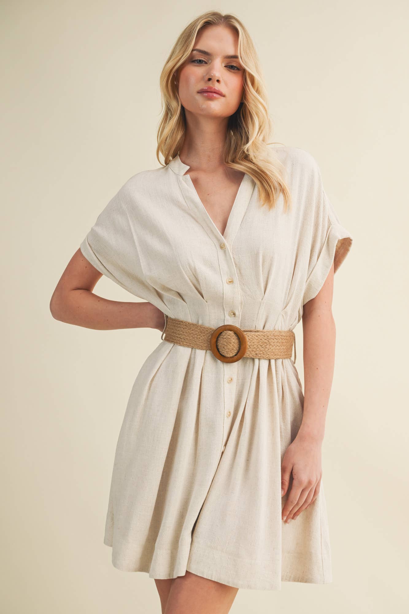 Dolman Sleeve Belted Button-Front Dress