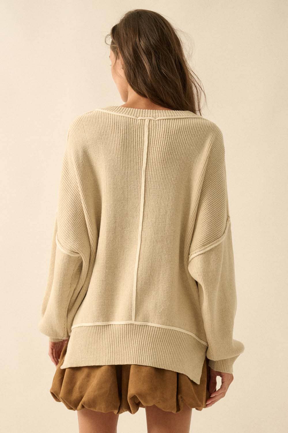 Solid Ribbed Knit Exposed-Seam Oversize Sweater