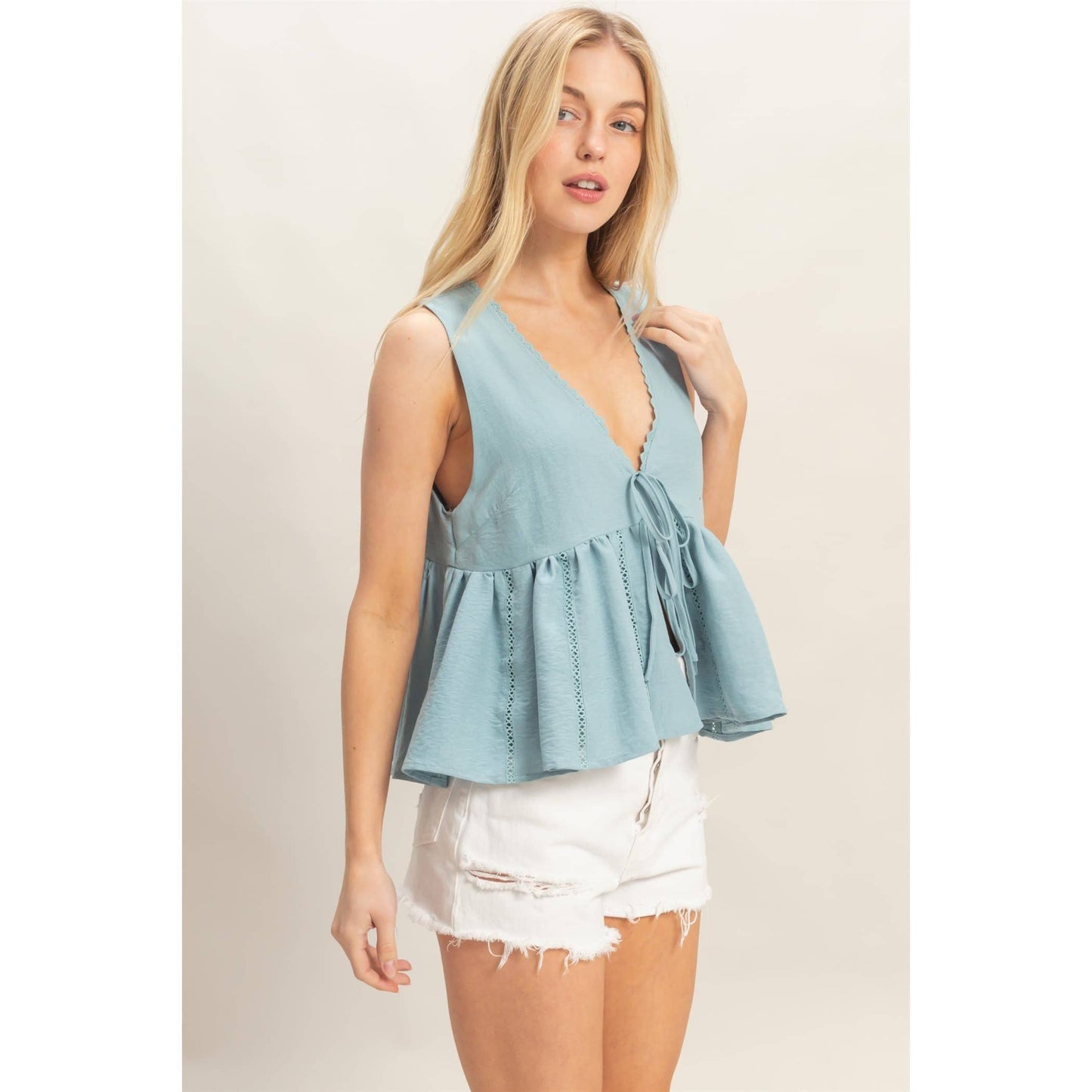 Lace Trim Tie Front Top