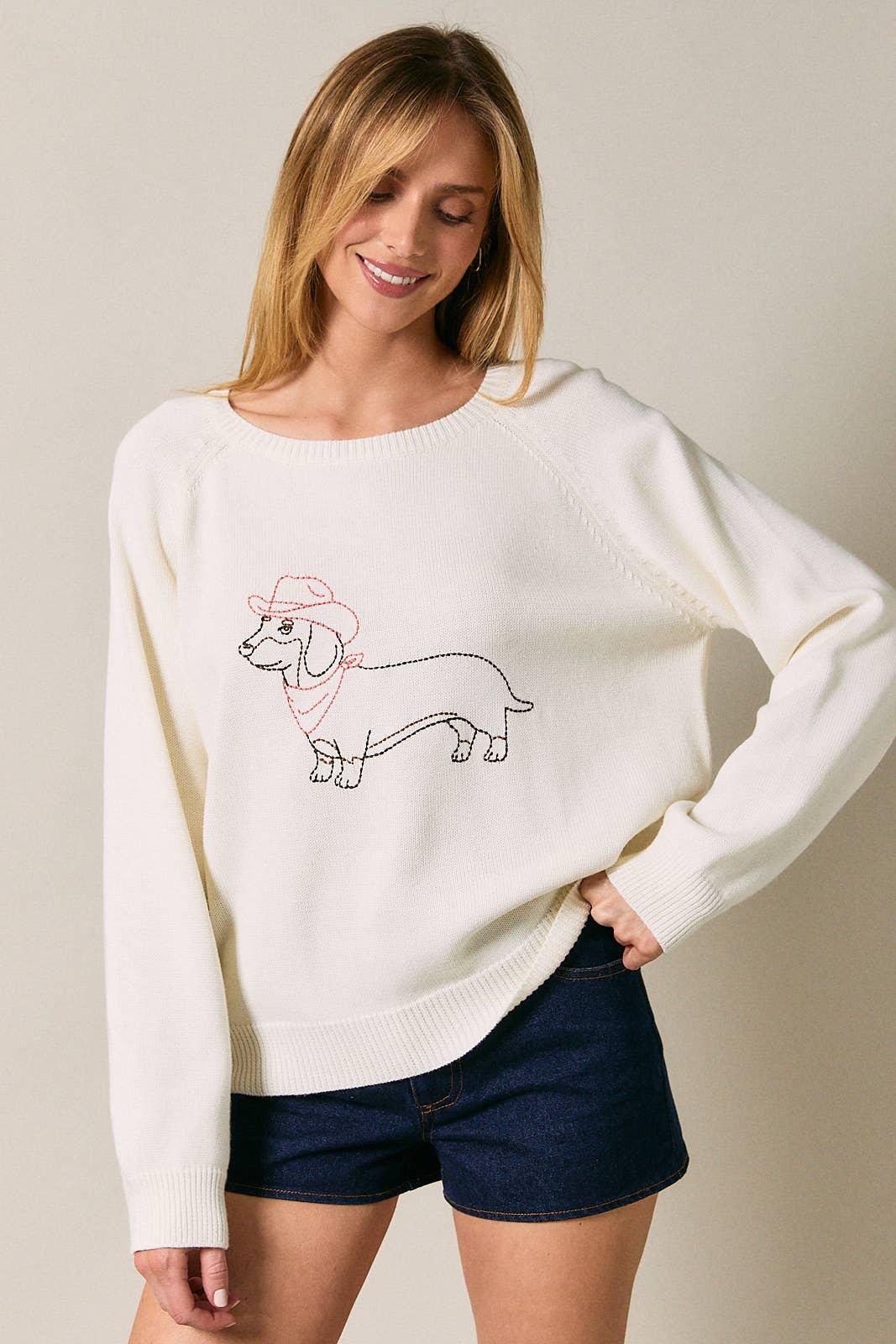 Raglan Long Sleeve "Cowboy Dog" Graphic Stitch Sweater