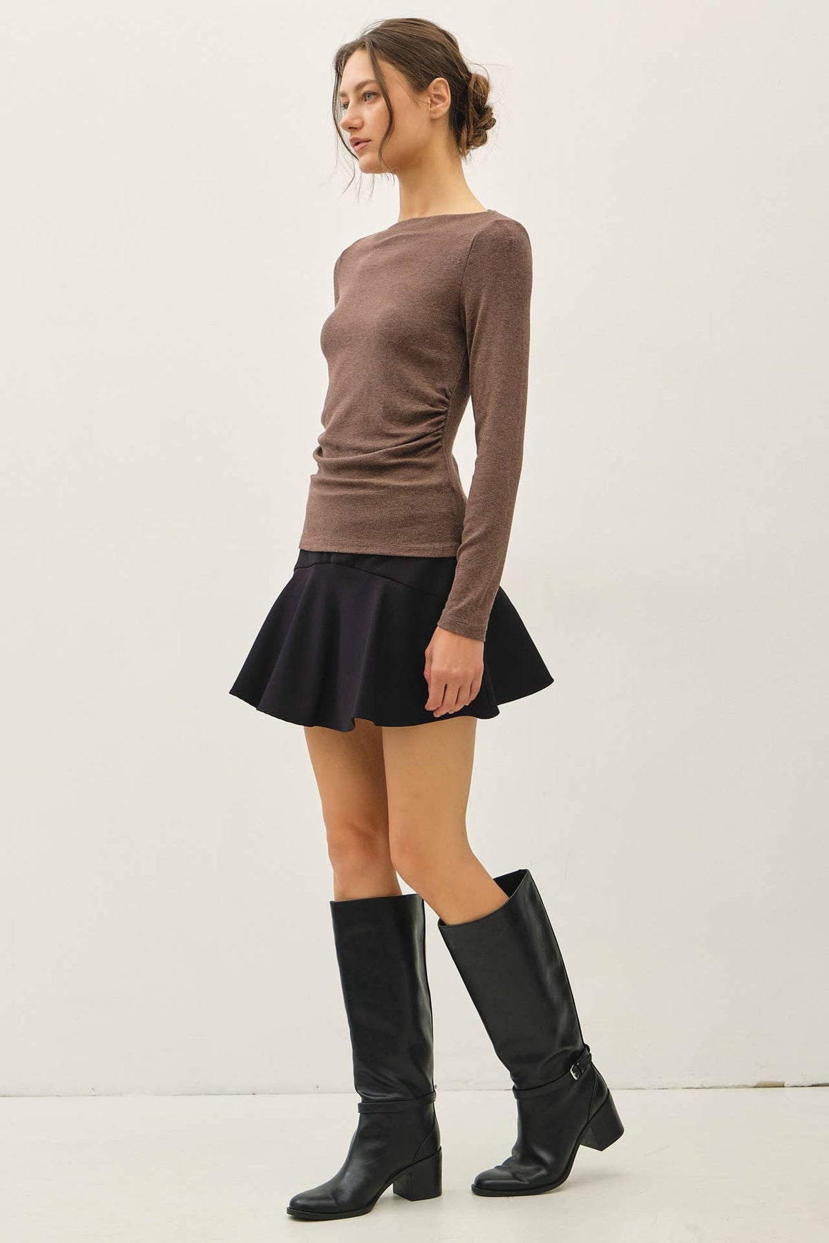 Modal Classic Ribbed Boat Neck Shirring Waist Top