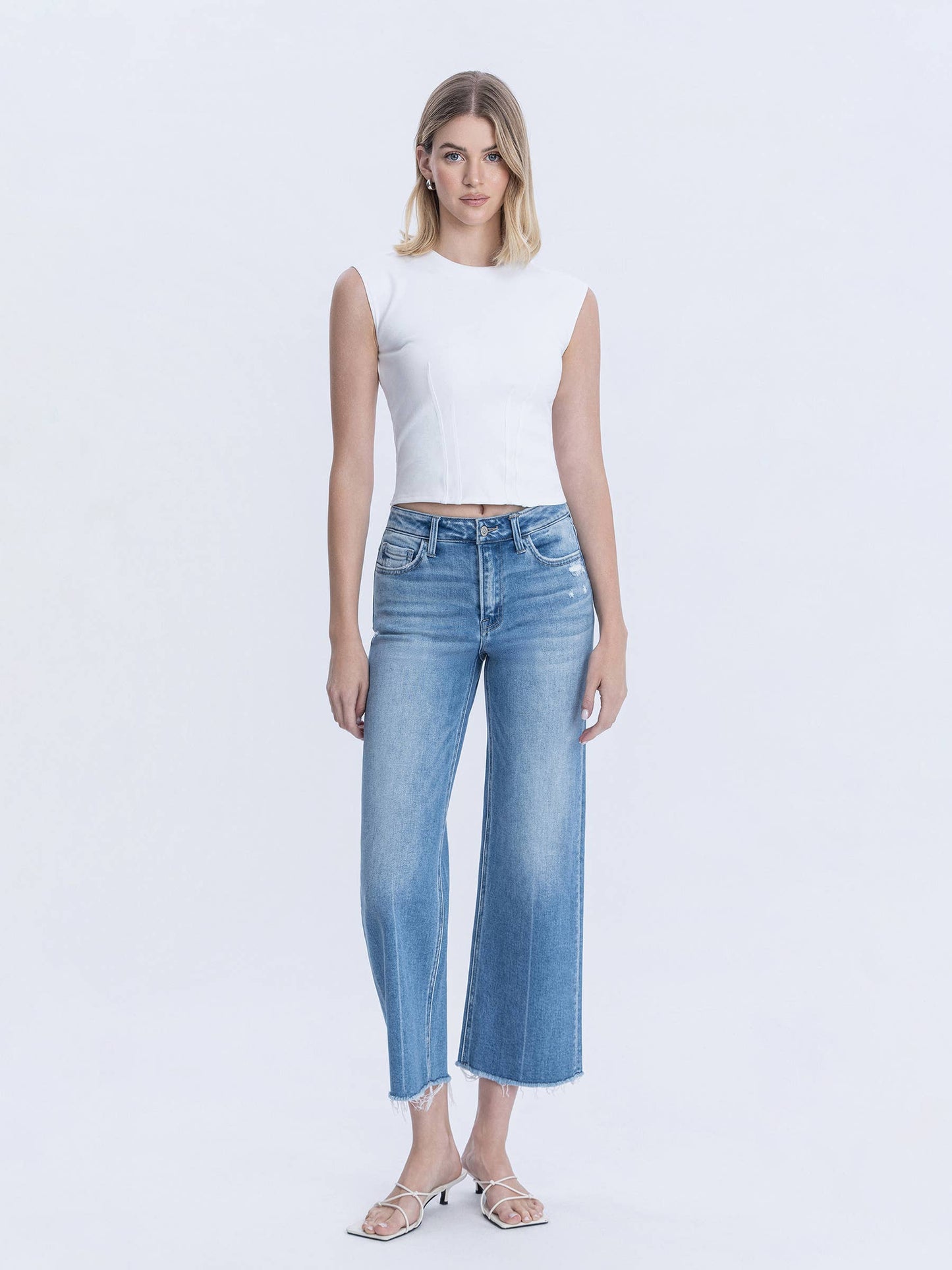 High Rise Raw Hem Crop Slim Wide Leg Jeans