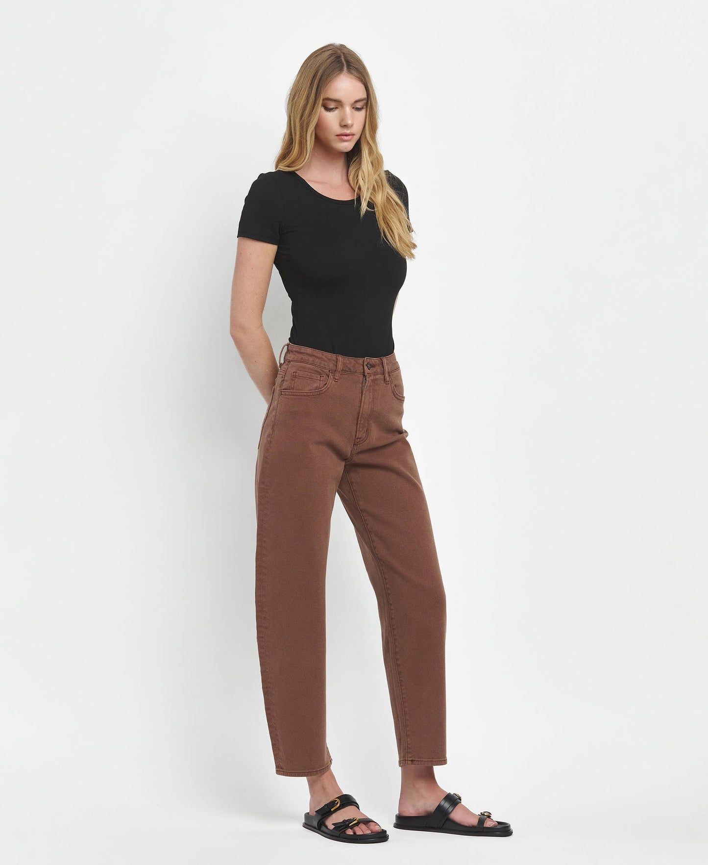 Super High Rise Brown Slim Barrel Jeans