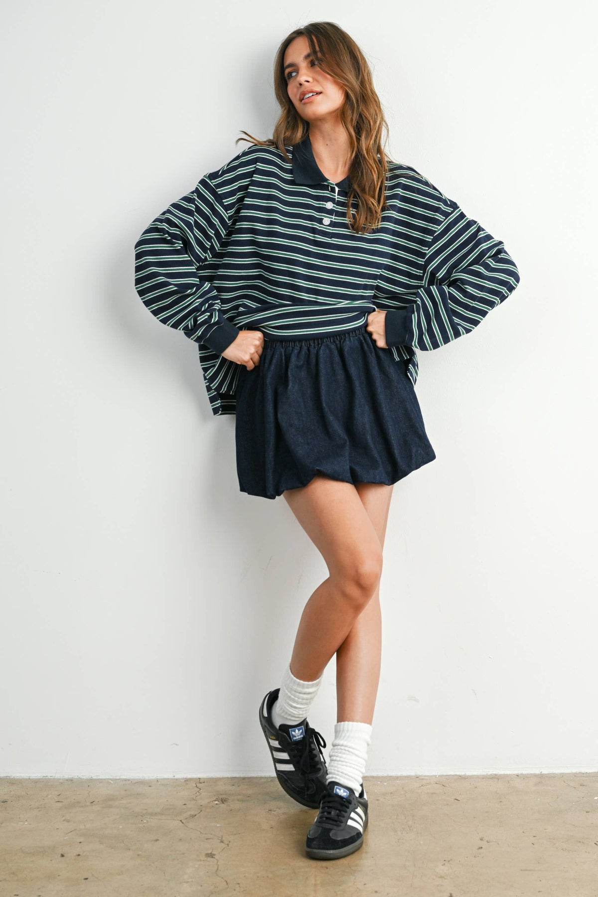 Quarter-Button Striped Collared Long Sleeve Top
