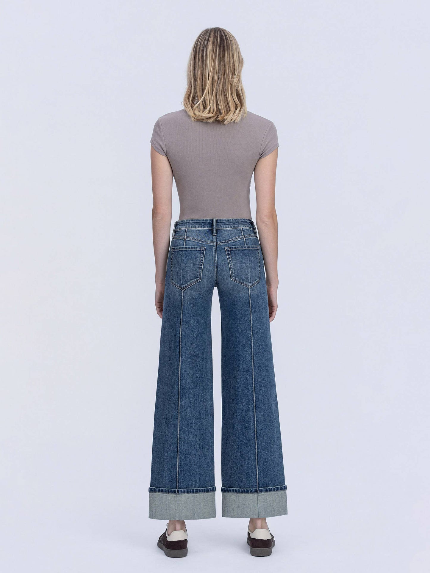 MID RISE PIN TUCK CUFFED BAGGY WIDE JEANS