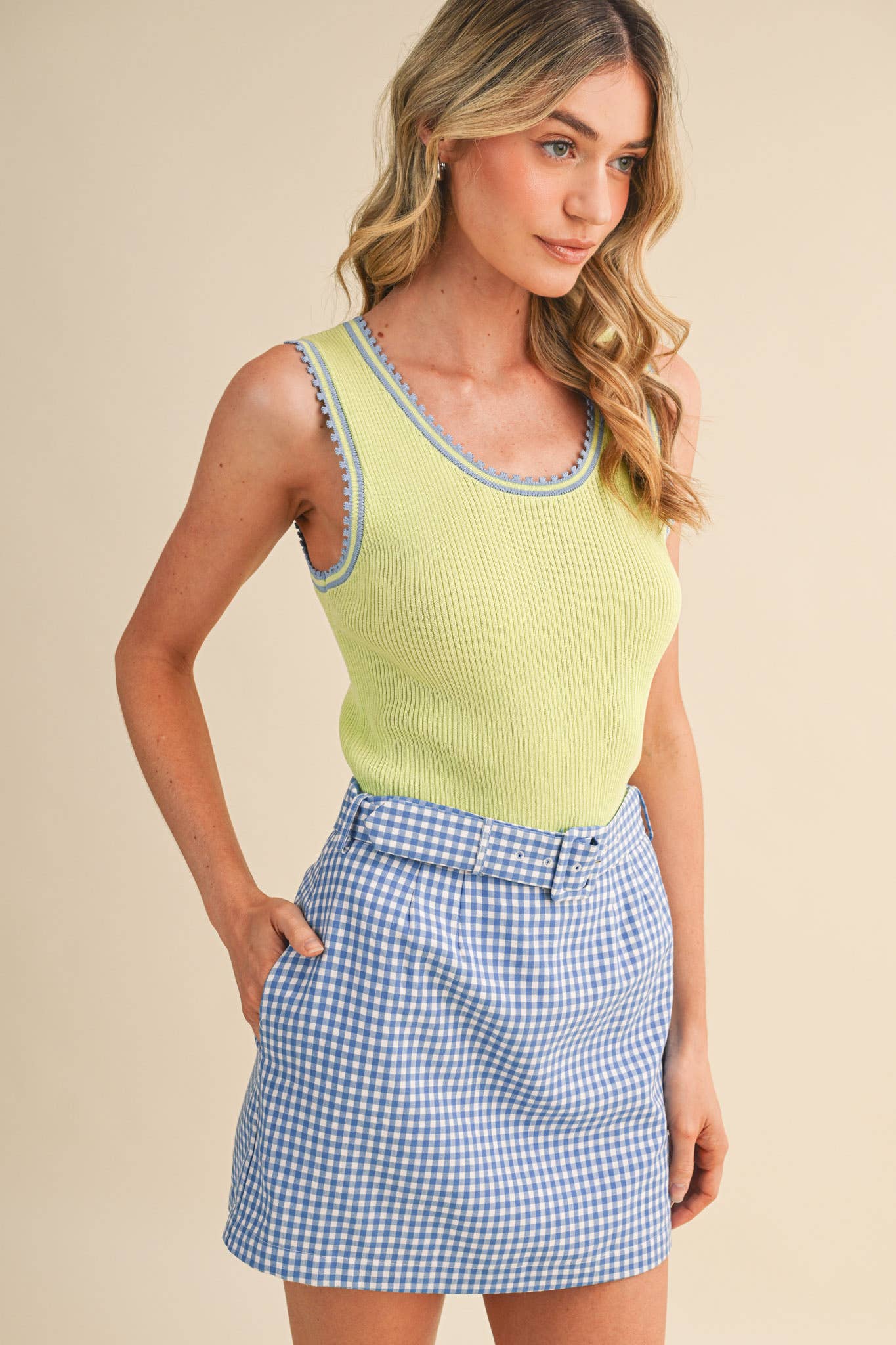 Picot Trim Ribbed Knit Tank