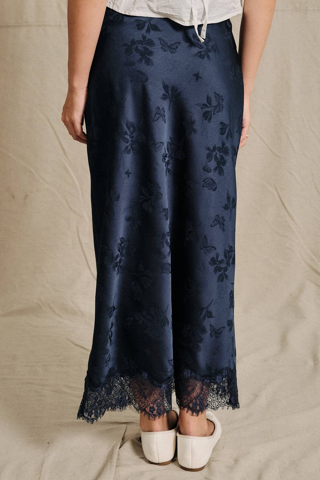 Lace Trim Jacquard Satin Slip Midi Skirt