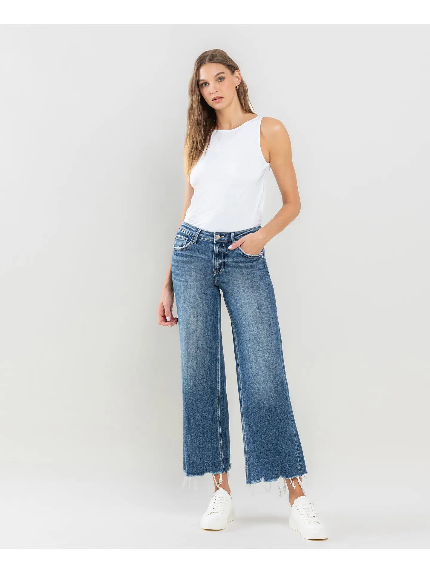 Mid Rise Raw Hem Wide Leg Jeans