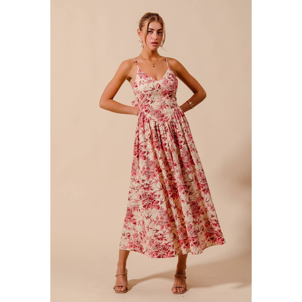 Floral Woven V Neck Dress With Back Ribbon Tie