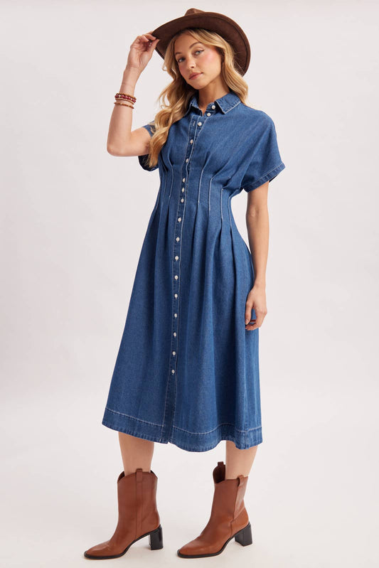 Button Down Pleated Waist Denim Shirt Dress