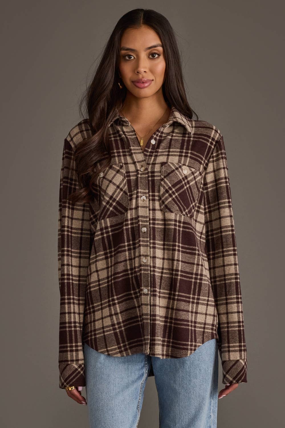 Chocolate Brown & Tan Plaid Button Up