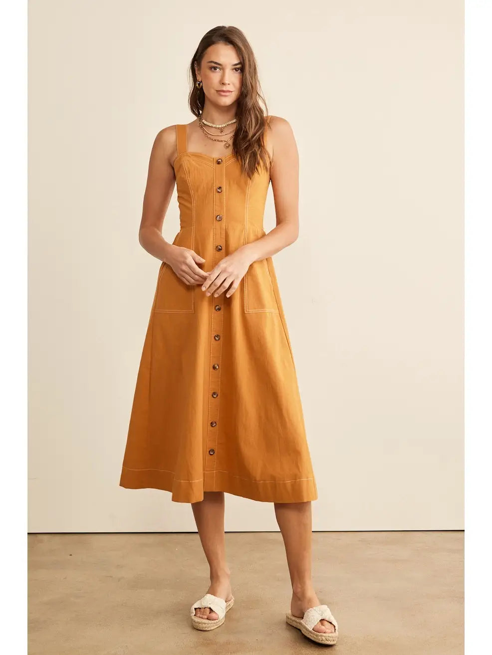 Button Front Cotton Midi Dress