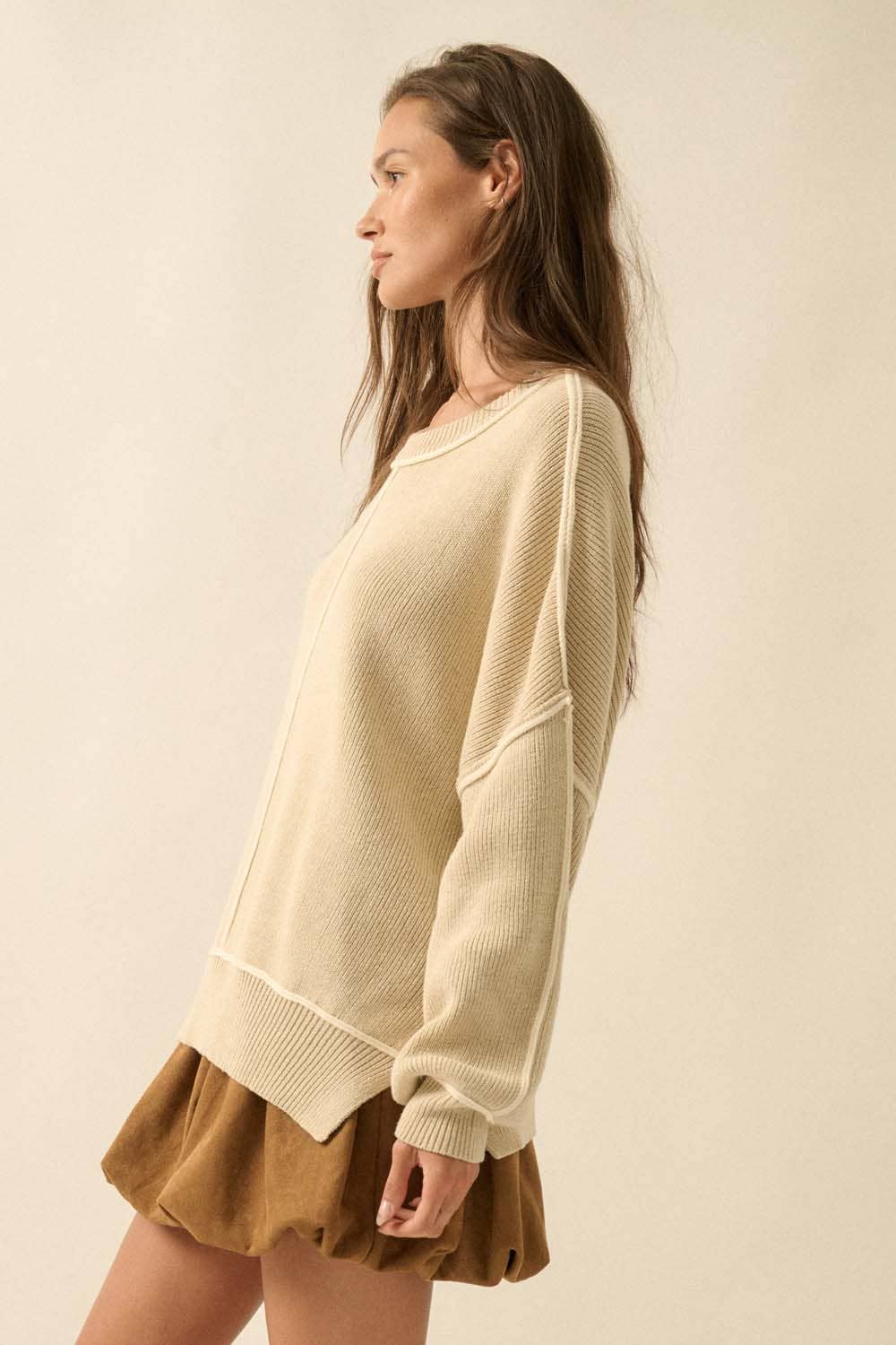 Solid Ribbed Knit Exposed-Seam Oversize Sweater
