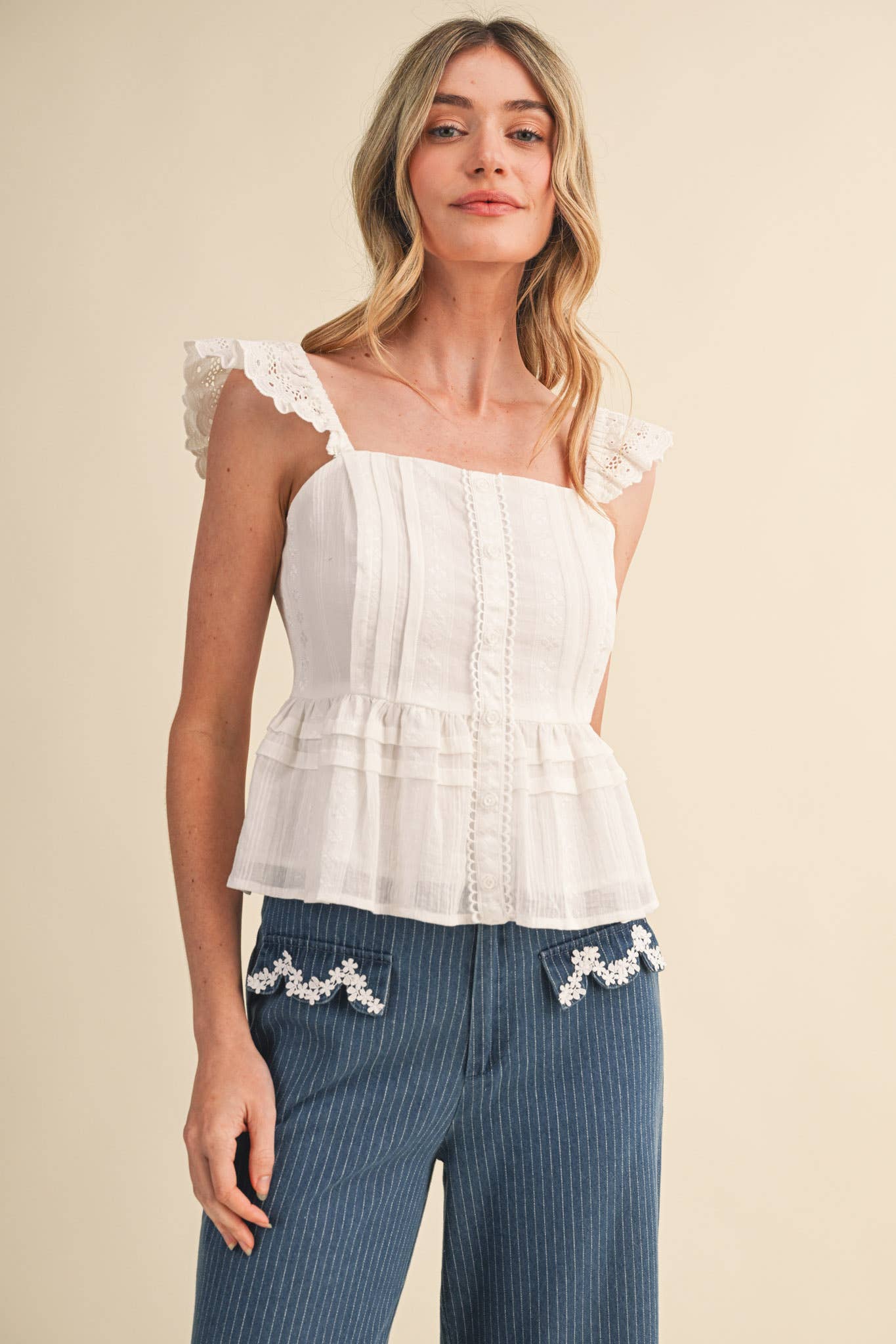 Eyelet Flutter Sleeve Peplum Top
