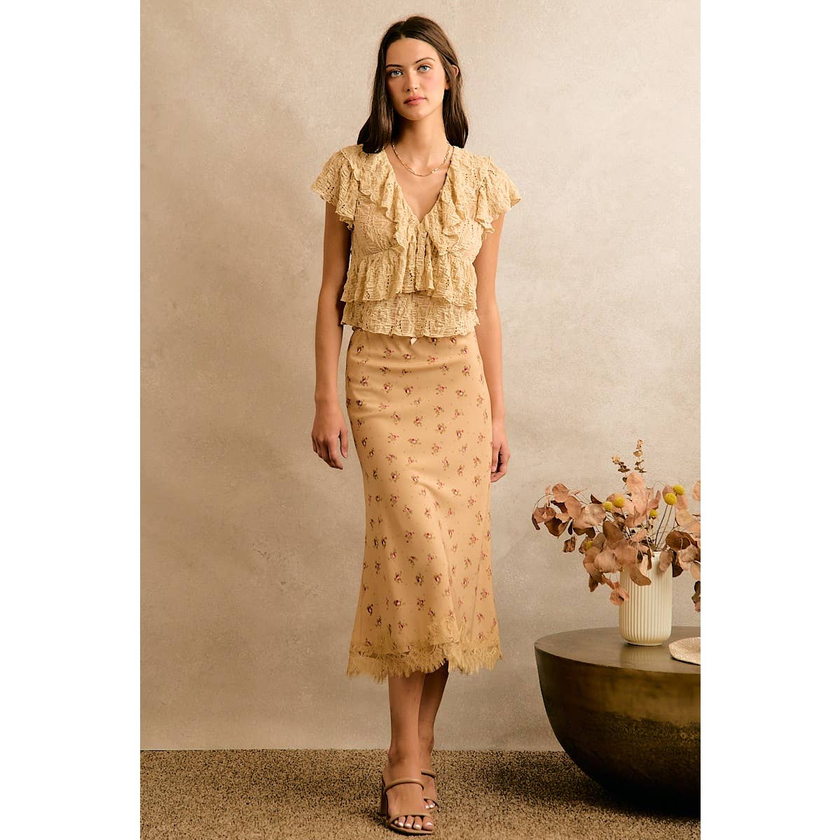 Satin Floral Print Lace Trim Midi Skirt