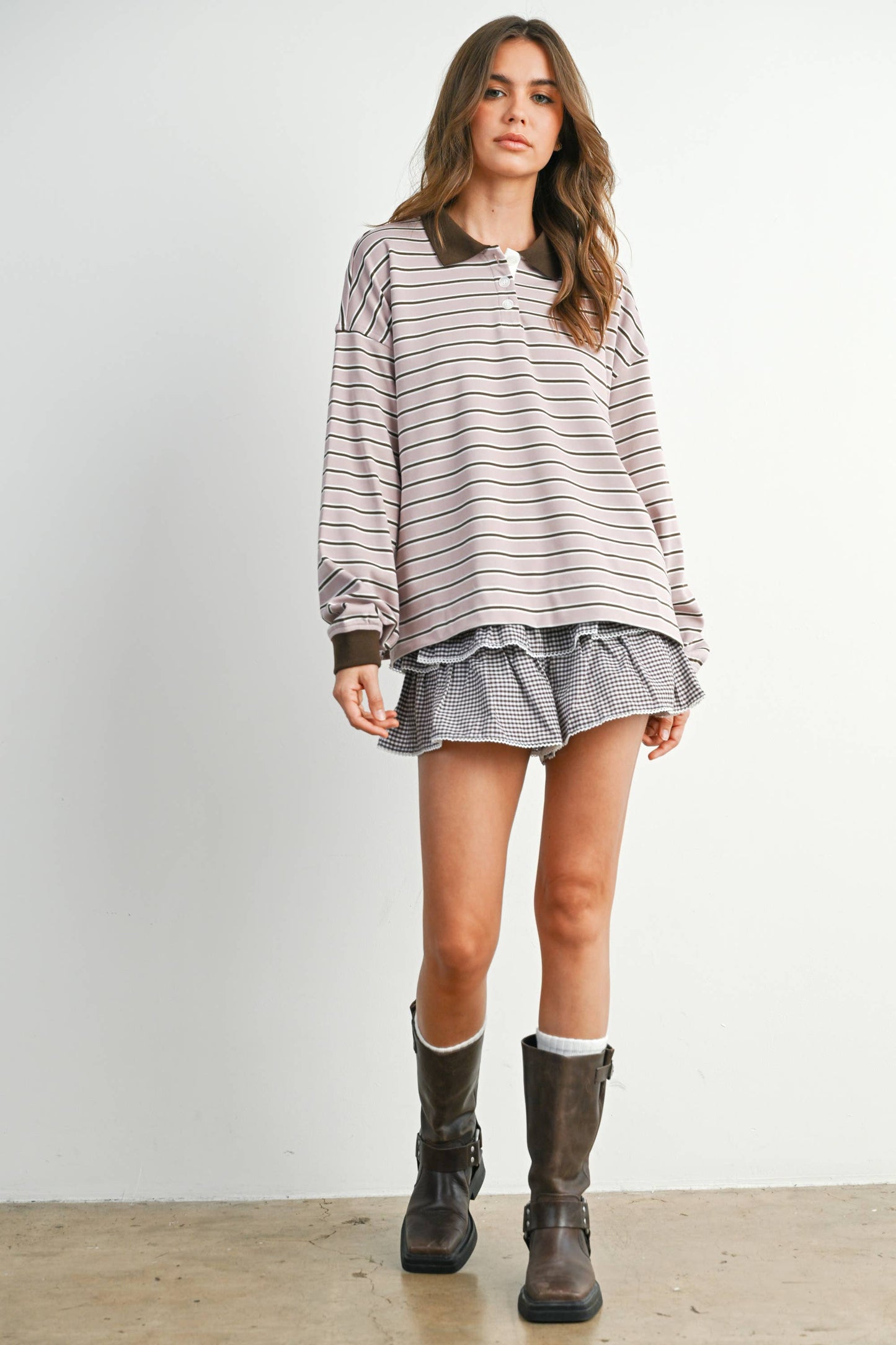 Quarter-Button Striped Collared Long Sleeve Top