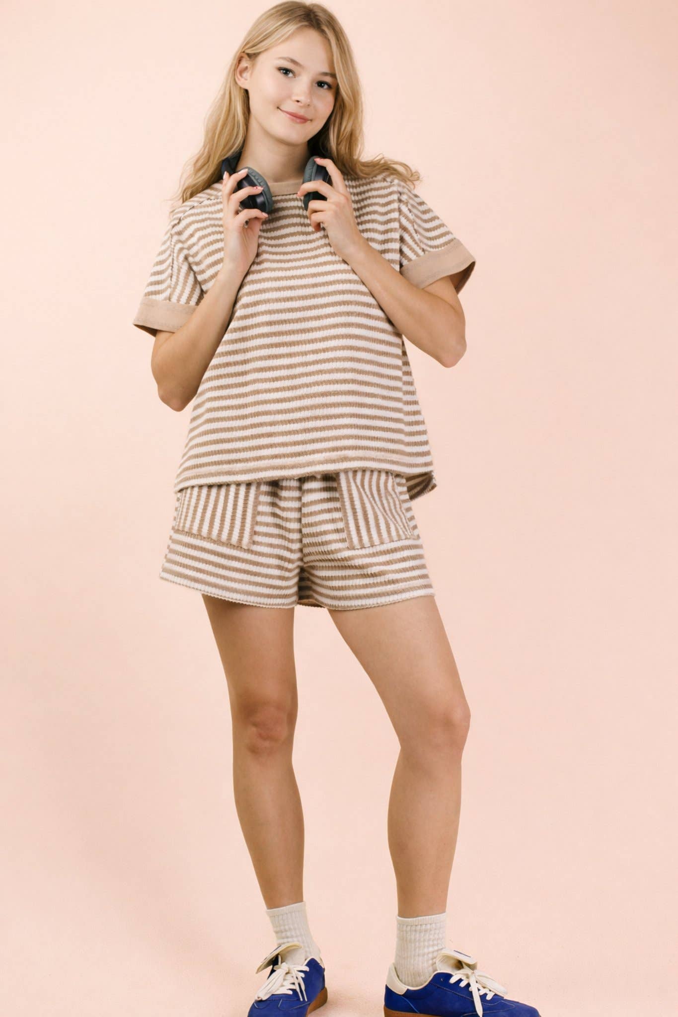 PLUS SIZE Striped Comfy Knit Top & Shorts Set