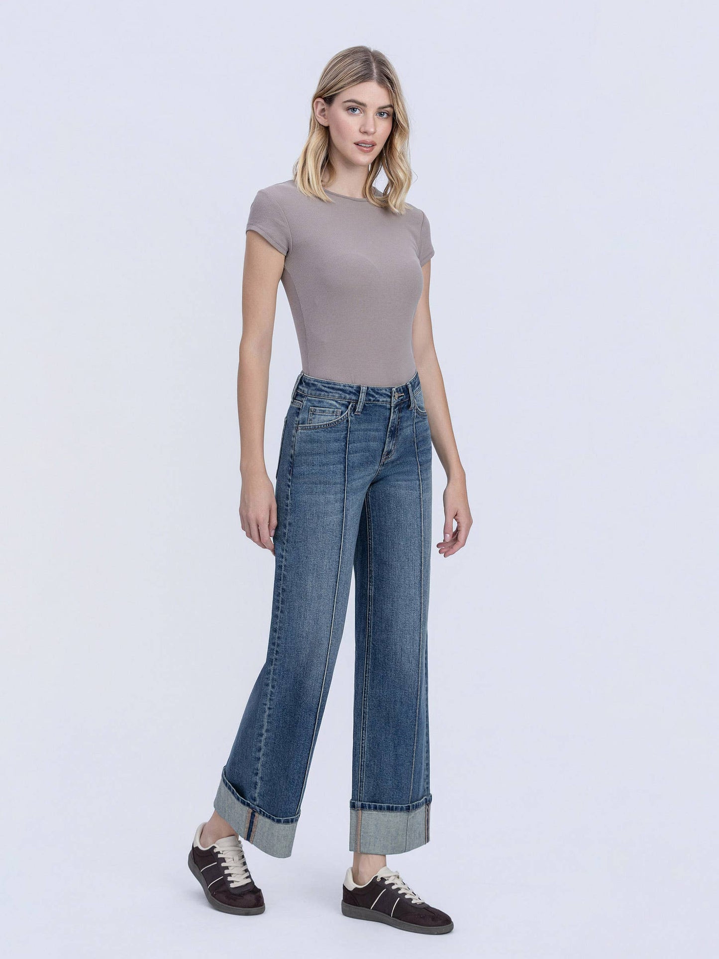 MID RISE PIN TUCK CUFFED BAGGY WIDE JEANS