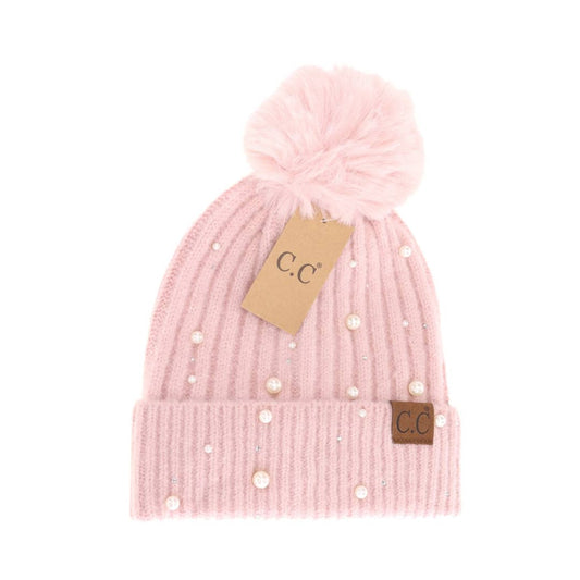 Pearl Embellished Faux Fur Pom C.C Beanie