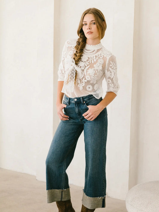 Tummy Control High Rise Cuffed Wide Leg Jeans