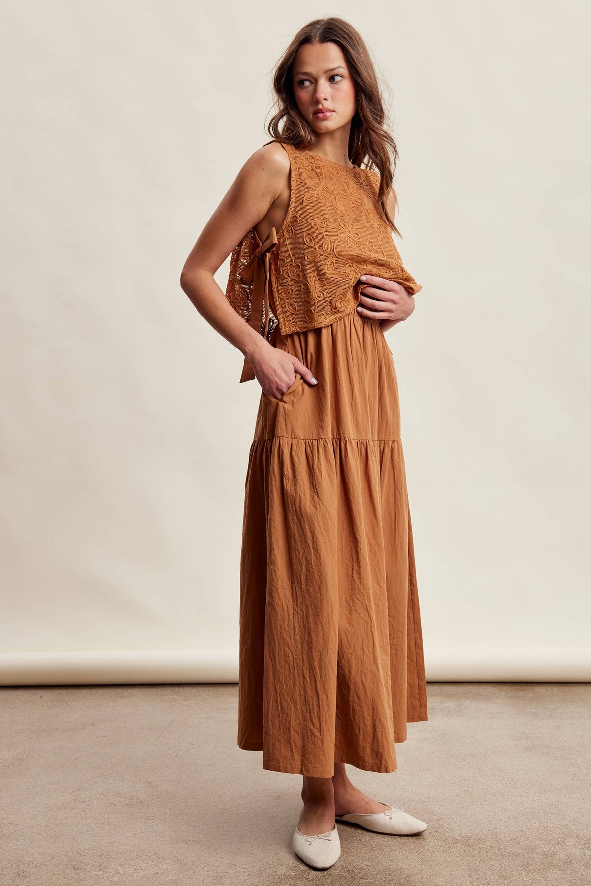 Embroidered Lace Vest & Sleeveless Midi Dress Set