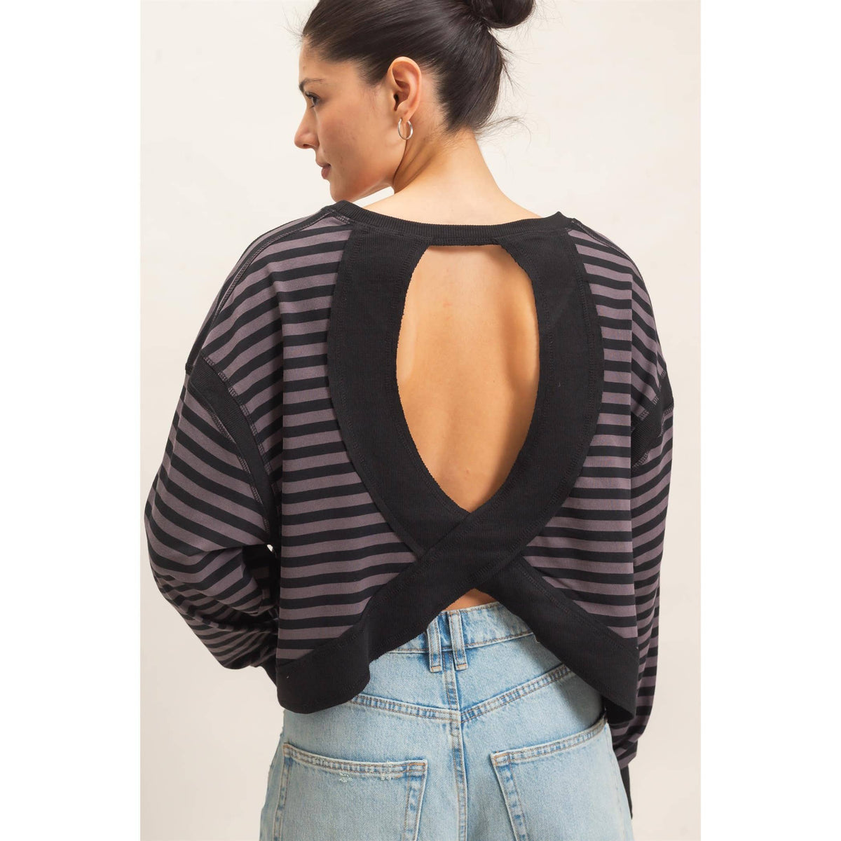 Striped Long Sleeve Open Back Top